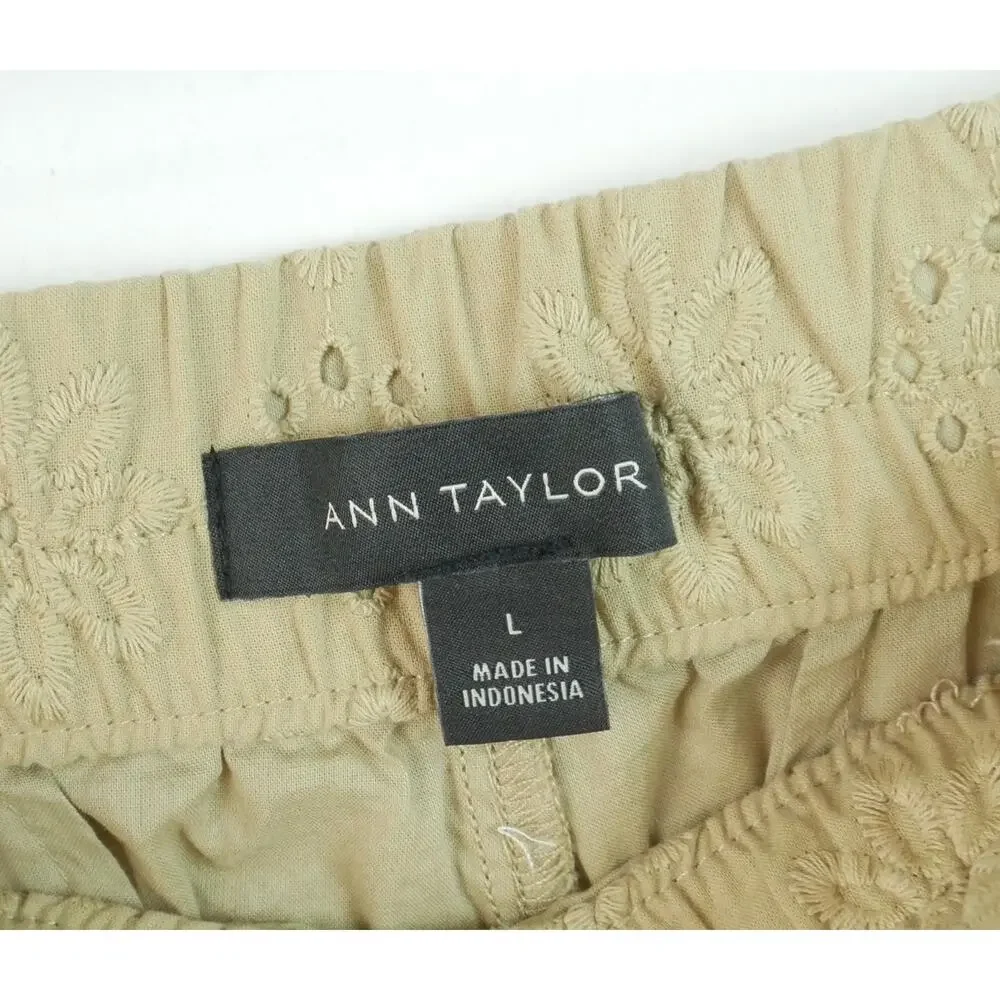Ann Taylor Large Easy Ankle Eyelet Pants Tan Pull On Cotton Spring Crop Pockets - Picture 4 of 9